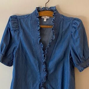 crown & ivy Denim Blue Ruffle Blouse